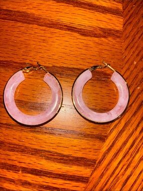 Gold-Trim Pink Resin Hoop Earrings